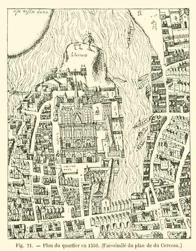 Plattegrond van de wijk in 1550, Facsimile van het plan van du Cerceau door French School