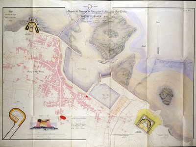 Plan voor de bouw van de kustbatterijen voor de verdediging van de Bretonse Haven in 1848. door French School