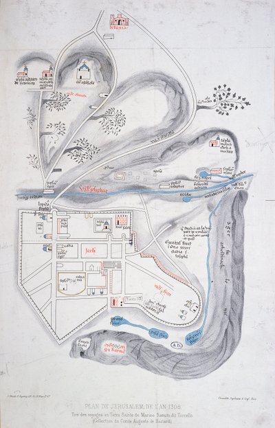 Plan van Jeruzalem in 1308, illustratie uit een facsimile editie van Liber de Expeditione Terrae Sanctae door Marino Sanuto di Torcello (c.1260-1338) door French School