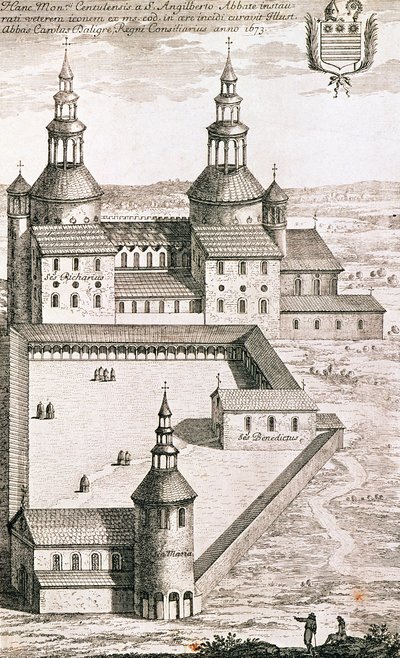Plattegrond van de Benedictijnerabdij van Saint-Riquier in 1673 door French School