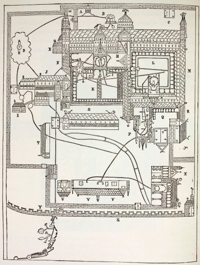 Plan van het Benedictijnenklooster in Canterbury in de 12e eeuw, uit Militair en Religieus Leven in de Middeleeuwen door Paul Lacroix, gepubliceerd in Londen ca. 1880 door French School
