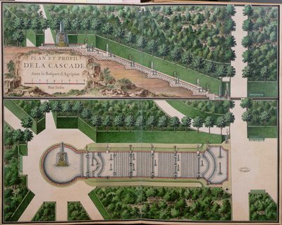 Plan van de waterval in het bos van Agrippina, uit Tuinen van Marly, begin 18e eeuw door French School