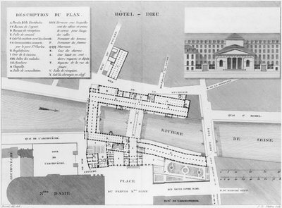 Plan van het Hotel-Dieu, Parijs, illustratie uit Description des Hopitaux de Paris, gegraveerd door Jacques Etienne Thierry (1750-1832) naar Bessat, 1808 door French School