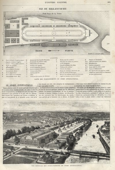 Plan van de oprichting van de Internationale Sport, die in 1869 op het eiland Billancourt moet worden gebouwd - algemeen overzicht van de vestigingen van internationale sport op het eiland Billancourt in 1869 door French School