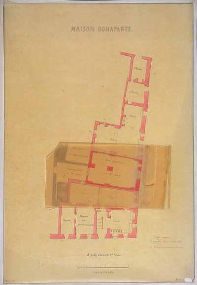 Plattegrond van de begane grond en kelders van het huis in Ajaccio, Corsica waar Napoleon Bonaparte werd geboren, 1837 door French School