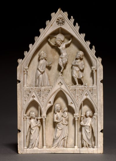 Plaquette: De Kruisiging en Maagd en Kind met Engelen, ca. 1250-1270 door French School