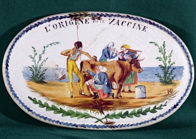 Plaquette die de oorsprong van vaccinatie afbeeldt, eind 18e eeuw door French School