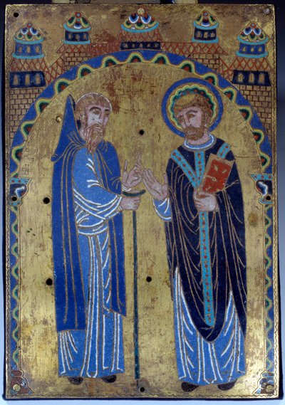Plaquette van het hoofdaltaar van de Abdij van Grandmont die Sint-Stefanus van Muret, stichter van de Orde van Grandmont, met zijn favoriete leerling Hugues Lasert (Lacerta) voorstelt. Email uit Limoges. 1375-1400. Museum van de Middeleeuwen van Cluny, Par door French School