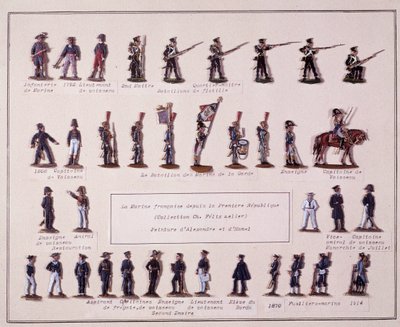 Plaat die de verschillende uniformen van de Franse marine van de Eerste Republiek (1792) tot 1914 voorstelt door French School