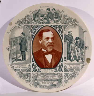Bord met een foto van Louis Pasteur (1822-95) door Pierre Petit (1832-1909), en scènes uit zijn leven door French School