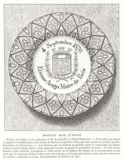 Bord met de naam van Etienne Arago, burgemeester van Parijs tijdens de Frans-Pruisische Oorlog, 1870 door French School