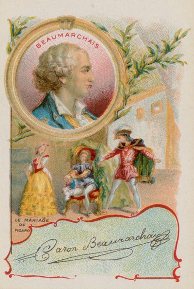 Toneelschrijver Pierre-Augustin Caron de Beaumarchais met een scène uit het Huwelijk van Figaro door French School