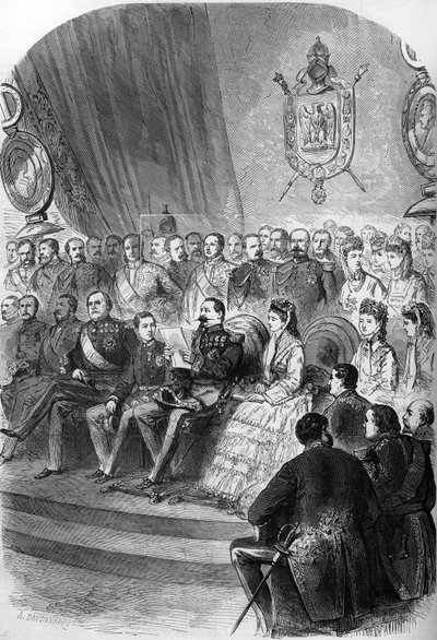 Volksraadpleging van 1870: presentatie van de officiële verklaring van de resultaten aan Napoleon III. Ook aanwezig zijn keizerin Eugenie de Montijo, haar zoon Prins Imperial, de prinsessen Mathilde Bonaparte en Clo door French School