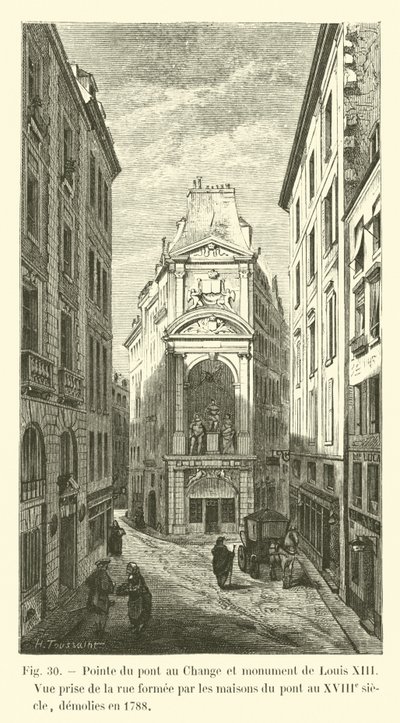 Punt van de Pont au Change en monument van Lodewijk XIII, zicht vanaf de straat gevormd door de huizen op de brug in de 18e eeuw, gesloopt in 1788 door French School