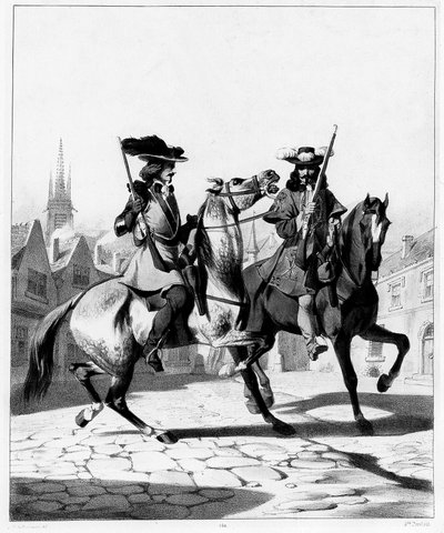 Politie in de 17e eeuw: links de boogschutter van de provoost van de Île de France en rechts de boogschutter van de luitenant - gravure, Bibl. des Arts deco. door French School