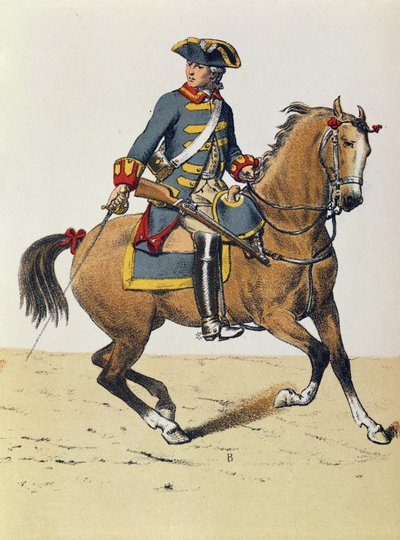 Politieagent van ca. 1750 te paard, 19e eeuw (kleurengraving) door French School