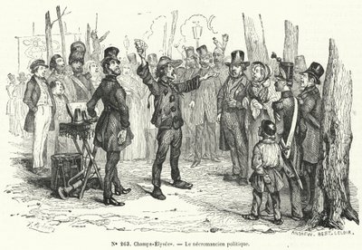 Politieke goochelaar op de Champs Elysees, Parijs (gravure) door French School