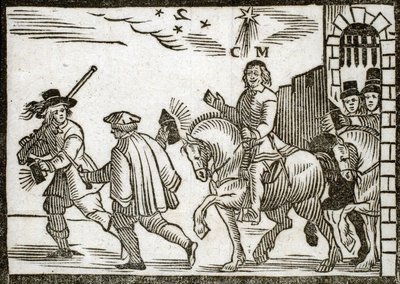 Politieke pamfletten Mazarinade: Mazarin vlucht uit Parijs te paard, midden in de nacht, voorafgegaan door twee knechten die lantaarns dragen. Houtsnede 1651 door French School