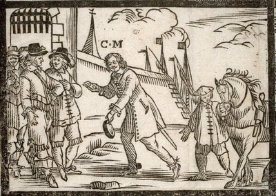 Politieke pamfletten Mazarinade: Mazarin bevrijdt de prinsen in Le Havre, houtsnede door French School