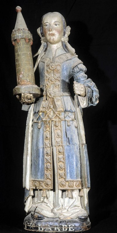 Polychrome houten sculptuur die Sint Barbara voorstelt (eind 16e eeuw), bewaard in het Museum van Dinan. door French School