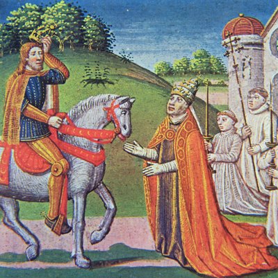 Paus Adrianus I ontmoet Karel de Grote, miniatuur uit de 