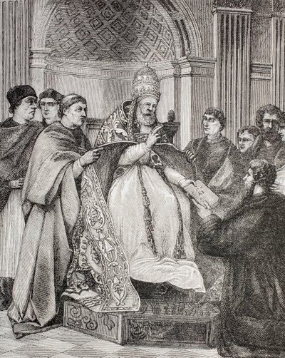 Paus Gregorius IX overhandigt de Decretalen aan een advocaat van het Consistorie, uit 