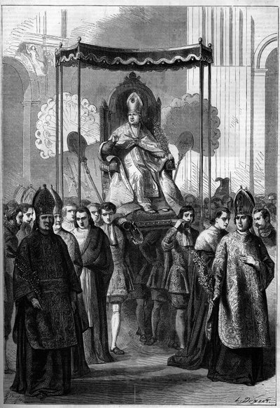 Paus Pius IX (1792-1878) wordt processiegewijs naar de kerk van Sint-Pieter in Rome (Italië) gebracht op Palmzondag in 1861. Gravure in 