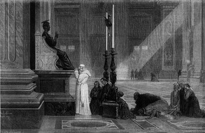 Paus Pius IX (1792-1878) bad bij het standbeeld van Sint-Pieter in de Sint-Pietersbasiliek in Rome. Gravure uit 