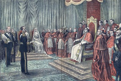 Paus Pius XI ontvangt in plechtige audiëntie de heersers van Spanje, in 