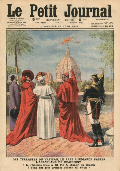 Paus Pius X kijkt naar het vliegtuig van Andre Beaumont dat over Rome vliegt vanaf het Vaticaanse terras, illustratie uit 