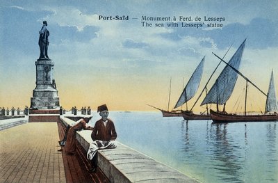 Port Said ansichtkaart. Monument gewijd aan Fernand de Lesseps met uitzichten op de haven en de zee. Rond 1900 (ansichtkaart) door French School