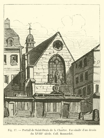 Portaal van Saint-Denis de la Chartre, facsimile van een tekening uit de 18e eeuw, Collectie Bonnardot door French School