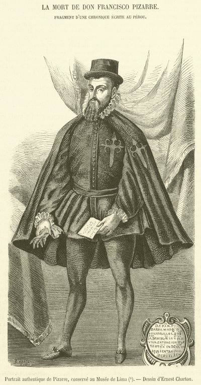 Authentiek portret van Pizarro, bewaard in het museum van Lima door French School