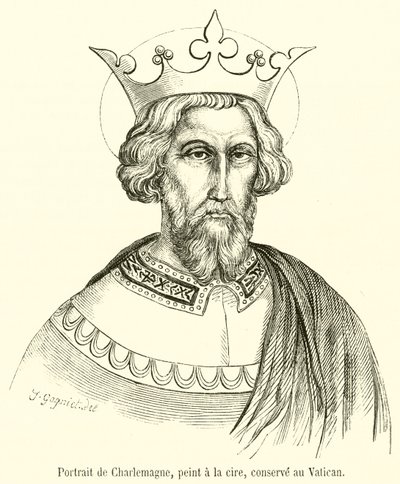 Portret van Karel de Grote, geschilderd in was, bewaard in het Vaticaan (gravure) door French School