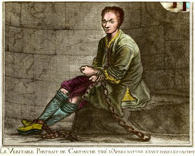 Portret van Louis Dominique Cartouche (1693-1721), Franse bandiet in zijn kerker Gravure uit de 18e eeuw Privécollectie door French School