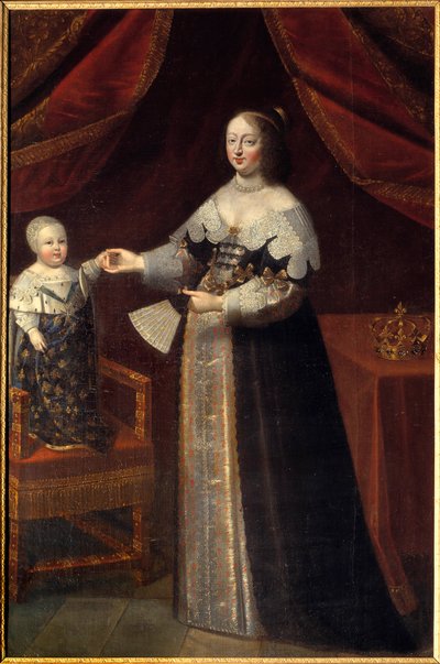 Portret van Anne van Oostenrijk, Koningin van Frankrijk met Lodewijk XIV als kind door French School
