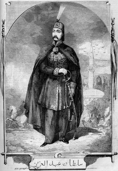 Portret van Abdul Aziz (Abd-ul-Aziz of Abd Ul Aziz of Abdulaziz) 1830-1876), sultan van het Ottomaanse Rijk. Gravure in 