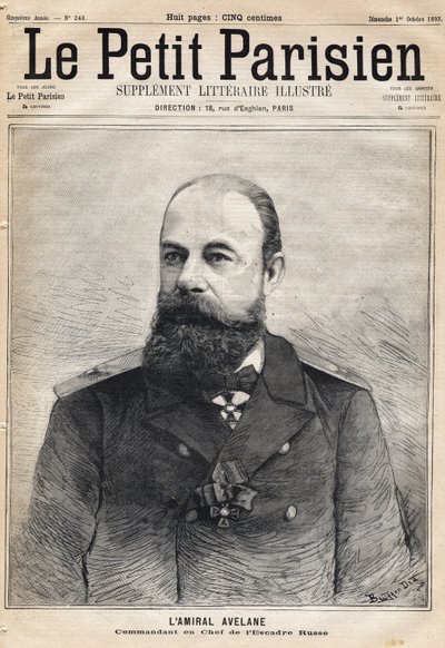 Portret van admiraal Avelane, commandant van het Russische eskader. Een van de krant Le Petit Parisien op 1/10/1893 door French School