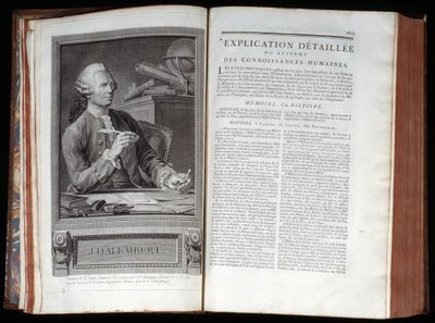 Portret van Alembert en een tekstpagina uit de Encyclopedie van Diderot en Alembert door French School