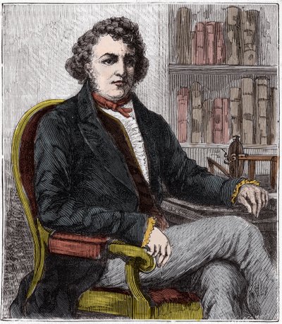 Portret van Andre Marie Ampere (1775-1836) Franse natuurkundige - Andre-Marie Ampere (1775-1836), Franse natuurkundige en pionier van de elektrodynamica - Gravure in "Wetenschappen binnen het bereik van iedereen - natuurkunde en chemie populair" door Alexi door French School