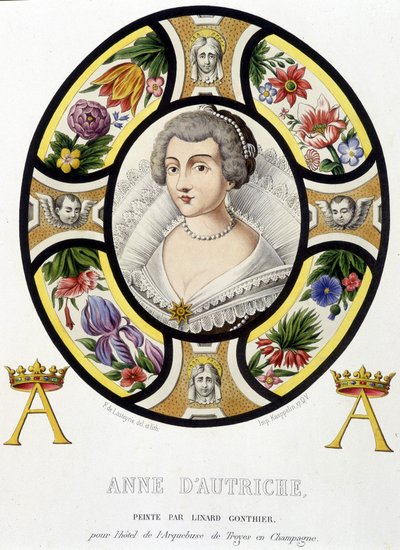 Portret van Anna van Oostenrijk, Koningin van Frankrijk (1601-1666). Facsimile van een glas-in-loodraam uit de Middeleeuwen in 