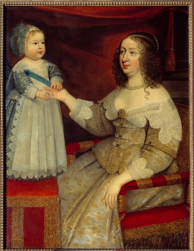 Portret van Anna van Oostenrijk, Koningin van Frankrijk en de dauphin Lodewijk XIV als kind door French School