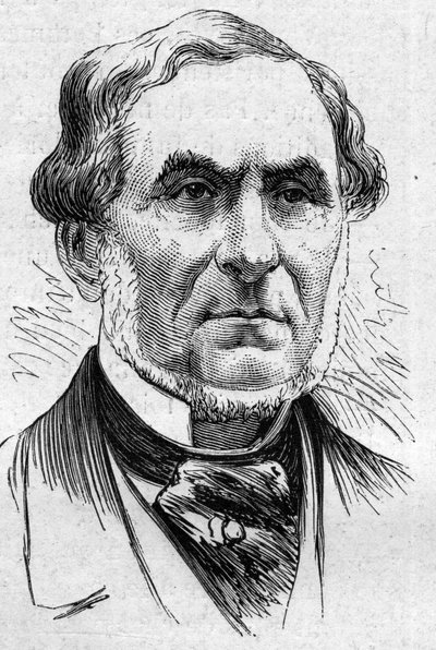 Portret van Auguste Barbier (1805-1882), Franse dichter en academicus. Gravure in Le Monde Illustré nr. 883 van 14 maart 1874. door French School