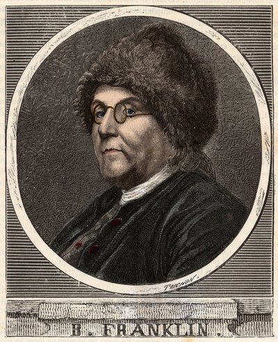 Portret van Benjamin Franklin (1706-1790) Amerikaanse drukker, uitgever, wetenschapper, uitvinder, staatsman en diplomaat - Portret van Benjamin Franklin (1706-1790), Amerikaanse natuurkundige, filosoof en politicus - Gravure in 