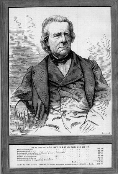 Portret van Baron Taylor (Isidore Justin Severin Taylor, genoemd) (1789-1879), Franse toneelschrijver en filantroop. Gravure in 
