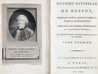 Portret van Buffon en de titelpagina van Histoire naturelle de Buffon door French School