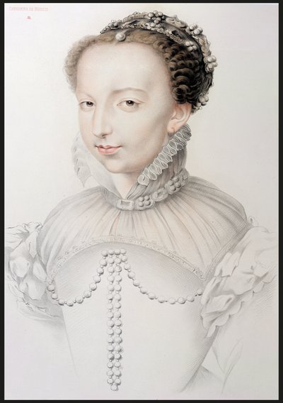 Portret van Catherine de Medici (1519-89), facsimile van een 16e-eeuwse tekening uit Portretten van de Beroemdste Franse Persoonlijkheden van de 16e Eeuw, door P.G. Niel, Parijs, 1848 door French School