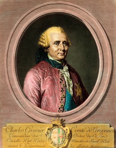 Portret van Charles Gravier, Graaf van Vergennes (1719 - 1787). Gravure uit de 18e eeuw. Privécollectie. door French School