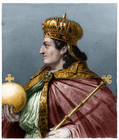 Portret van Childebert II, koning van Austrasië - in "Histoire des Francais" door Lavallee, gravure door French School