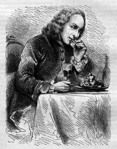 Portret van Claude Henri de Fusee de Voisenon (1708-1775), Franse geestelijke, dichter en toneelschrijver, vertegenwoordigd door de banketbakker van Cauterets. Gravure uit 1858. door French School
